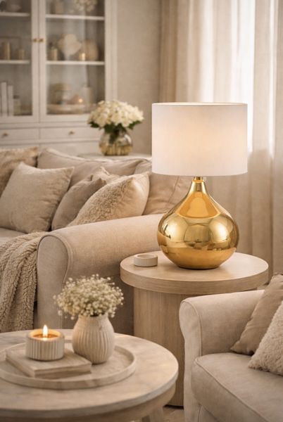 Bordlampe gull keramikk m/hvit skjerm